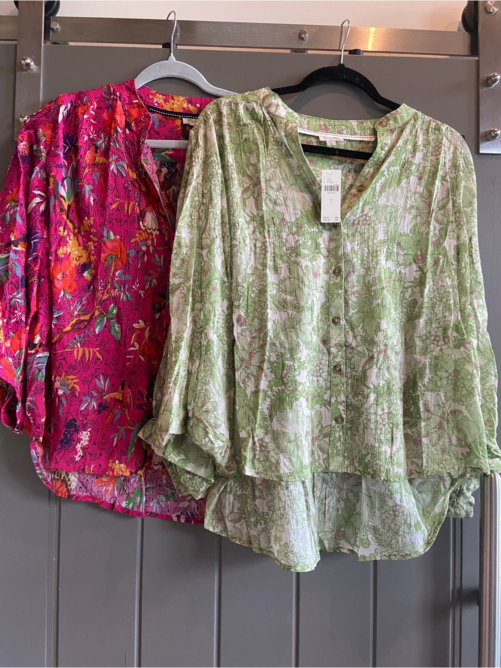Anthropologie Green and Pink Floral Button-Front Blouses
